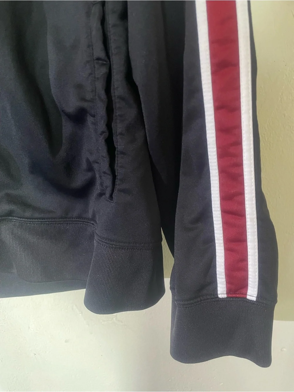 Old Navy Size XL Black Bomber Jacket with Red & White Sleeve Stripes